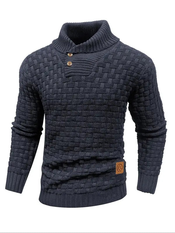 Men's Regular Textured Patched Detail Shawl Collar Sweater