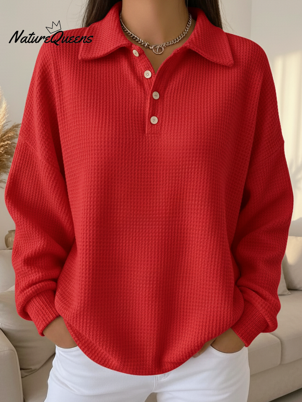 Women's Casual Button Waffle Top Sweatshirt