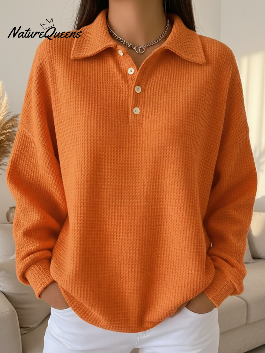 Women's Casual Button Waffle Top Sweatshirt