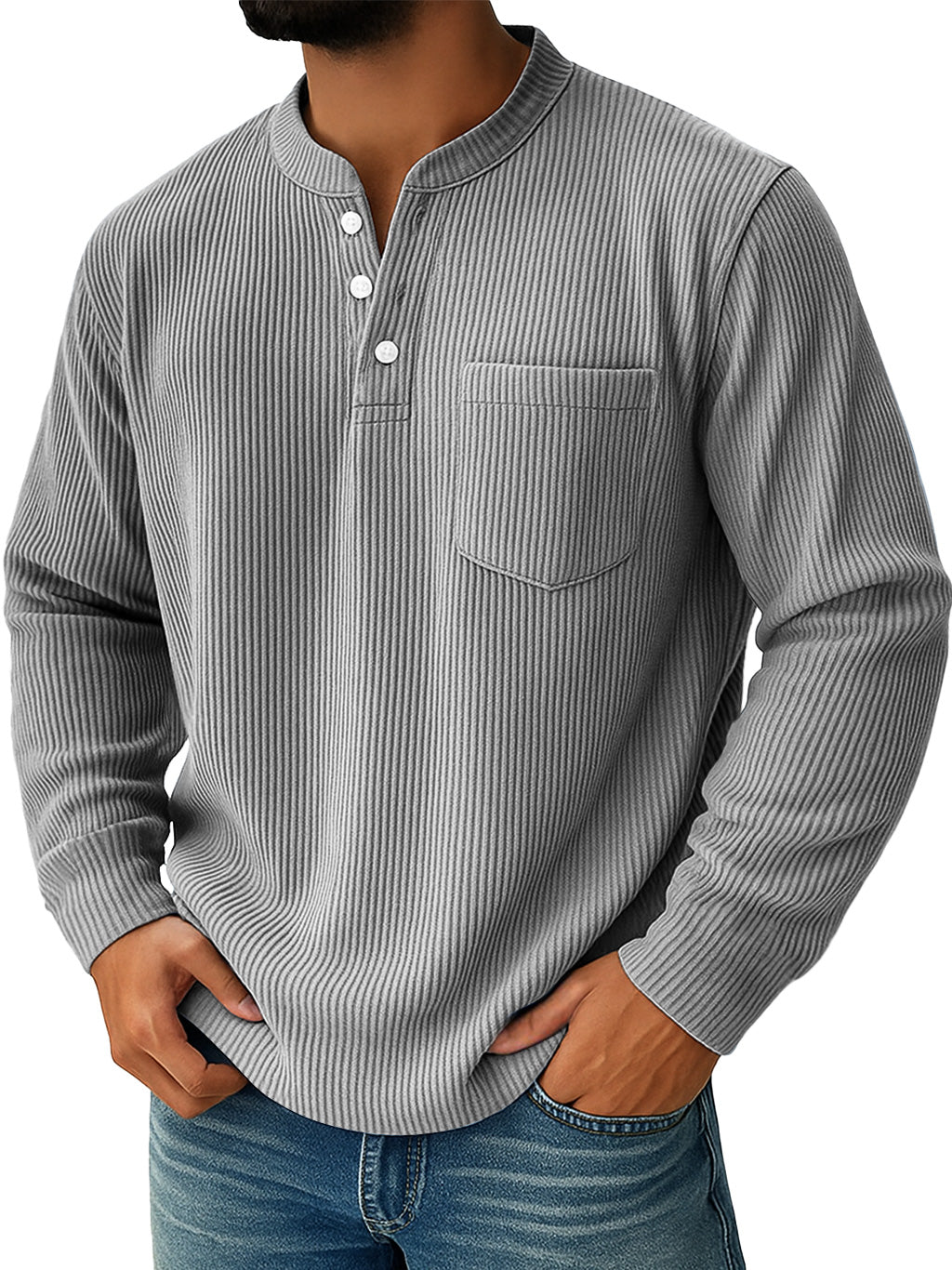 Men's Simple Everyday Ribbed Stand Collar Pocket Shirt