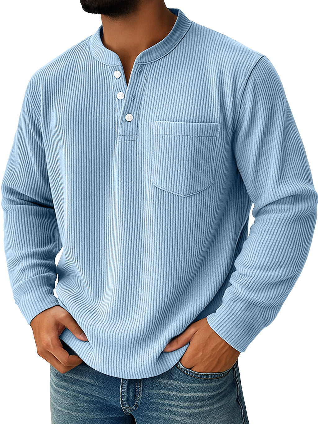 Men's Simple Everyday Ribbed Stand Collar Pocket Shirt